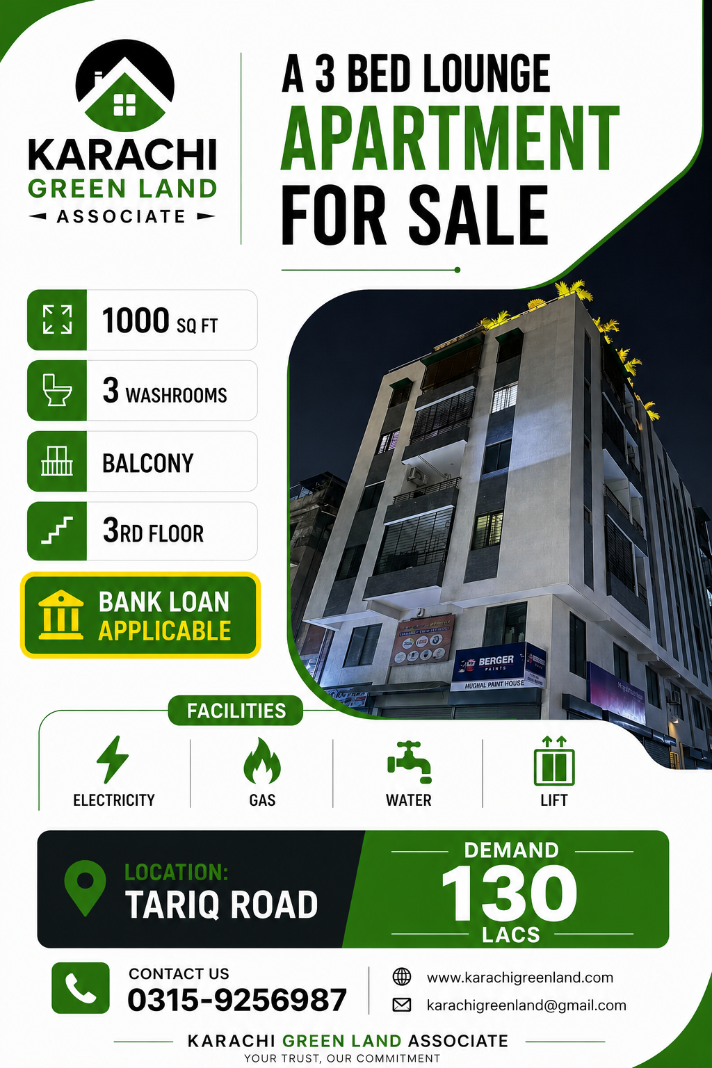 3 Bed Lounge Apartment for Sale on Tariq Road - Image 1